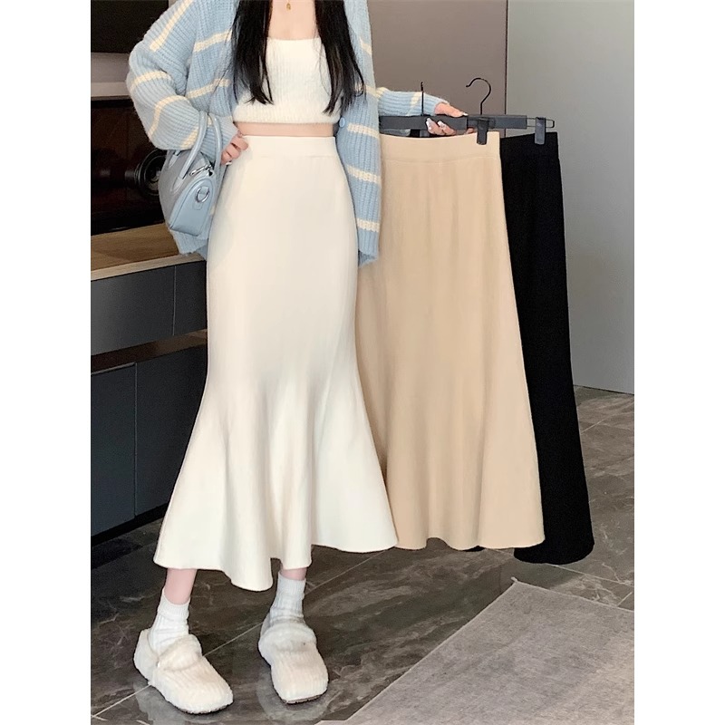 設計感小眾針織半身裙女秋季高腰顯瘦裙子小個子百搭魚尾裙中長裙