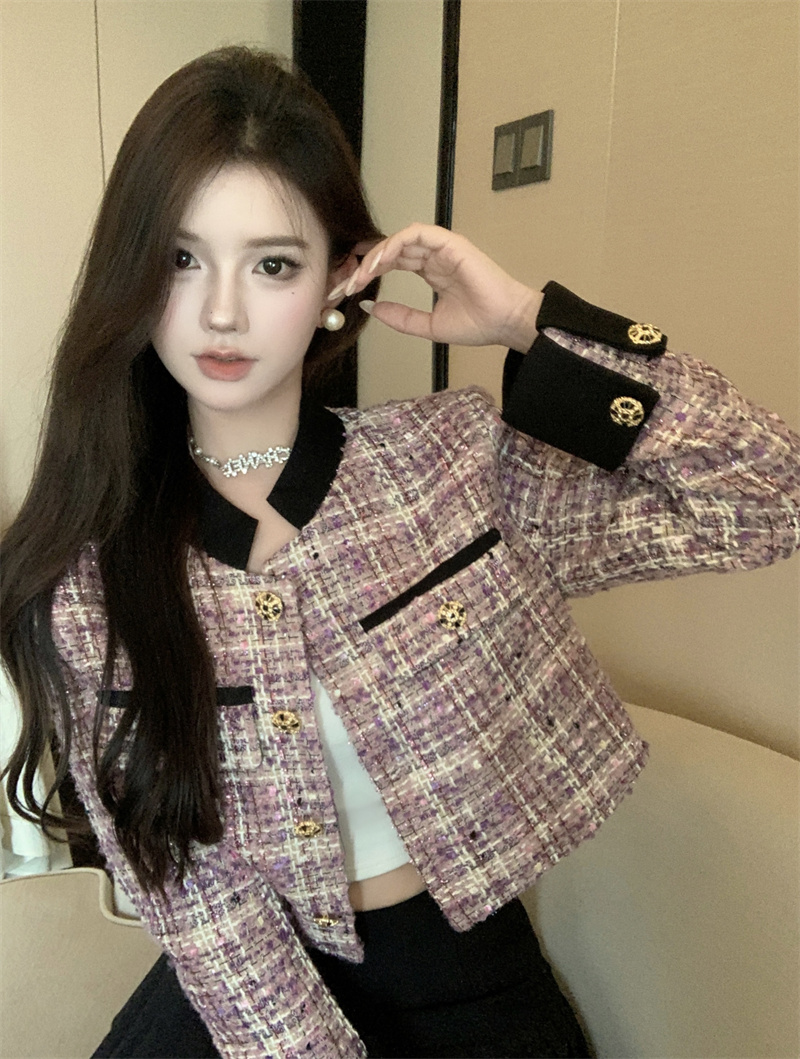 Actual shot~Autumn and winter new style stand-up collar plaid small fragrance design niche high-end versatile slim short coat for women