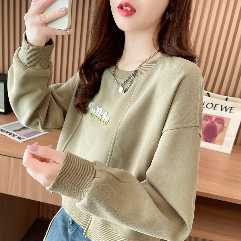 實拍 2024春季新款韓版圓領刺繡拼接大碼簡約薄款衛衣女