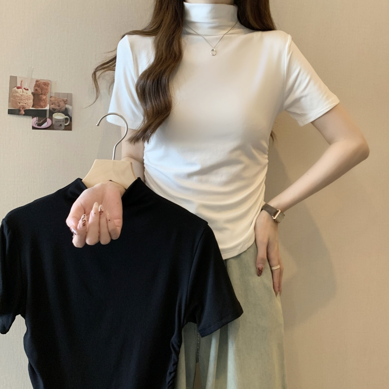 實拍  40支純棉 2024夏裝 半高領弧形短袖T恤女打底衫