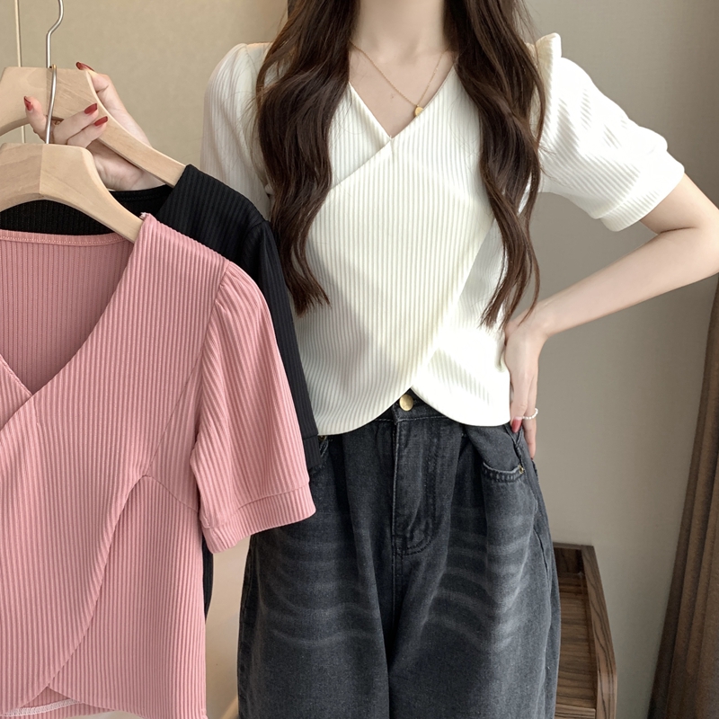 實拍高級感交叉不規則襯衫女設計感小眾夏季新款顯瘦短袖上衣
