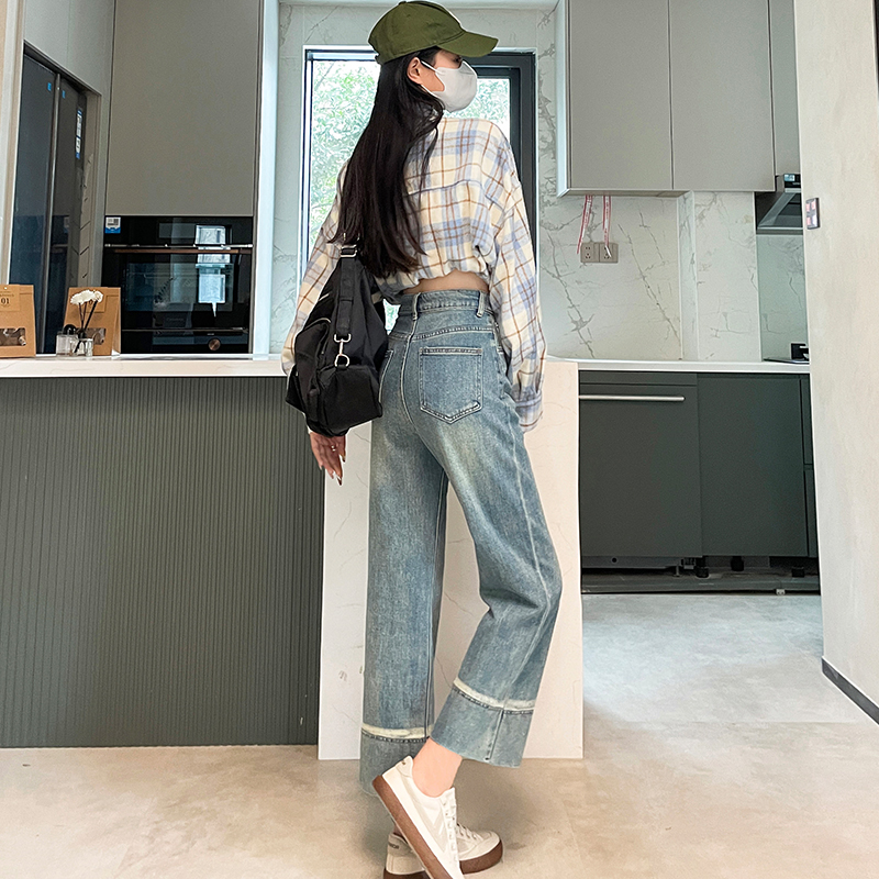 實拍2024早春時尚潮流直筒闊腿美式復古牛仔褲女