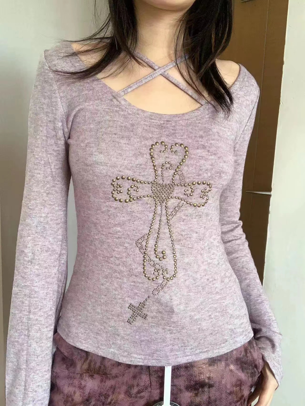 美式y2k千禧紫色上衣女秋季內搭打底衫設計感小眾修身辣妹長袖t恤