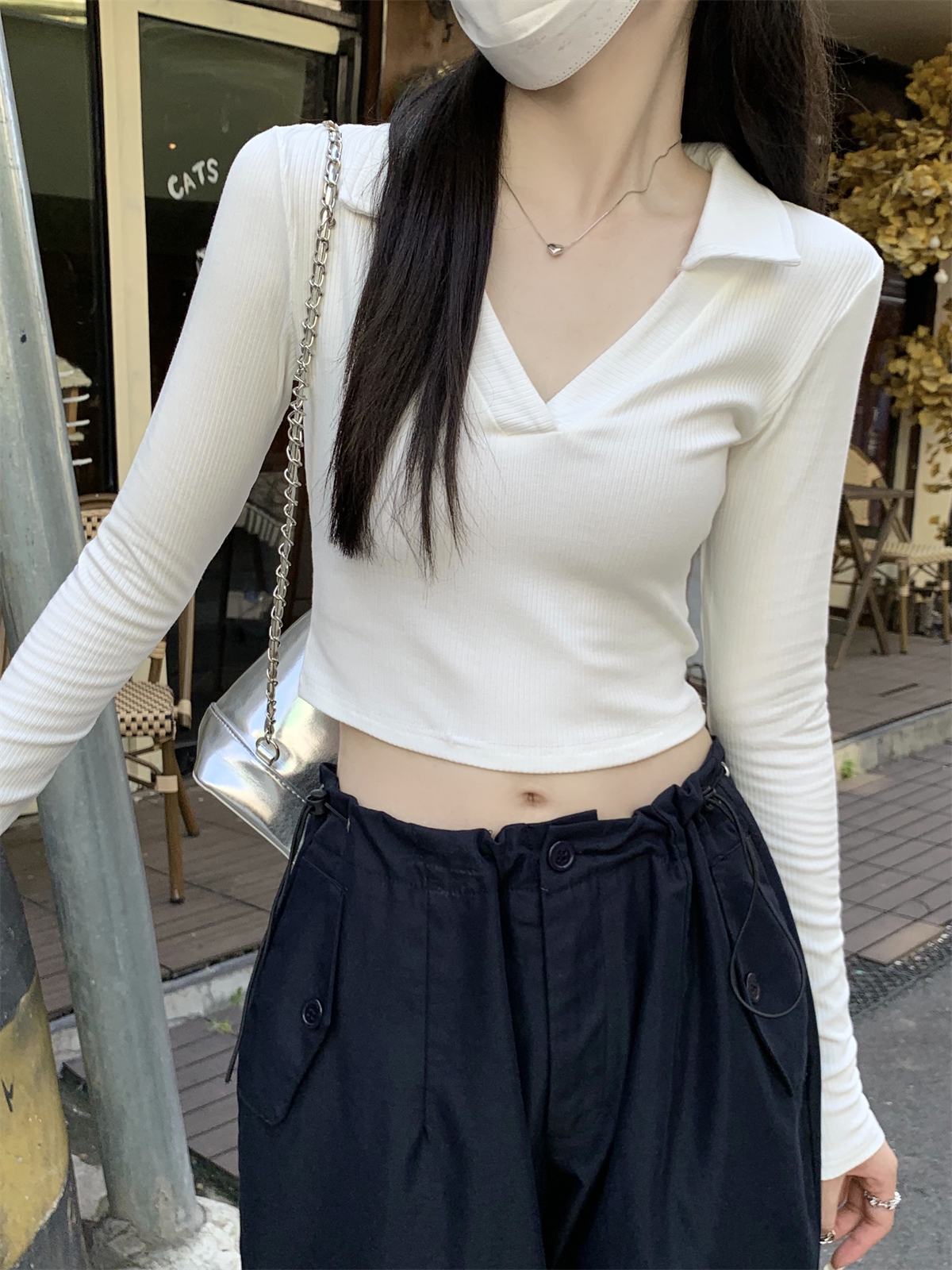 實拍 早春韓版修身氣質polo領露臍短款坑條長袖T恤上衣女