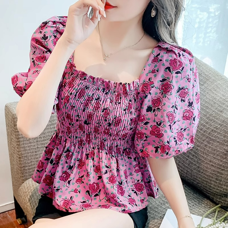 泡泡袖碎花襯衫2024新款女夏法式氣質時尚露背百搭小衫