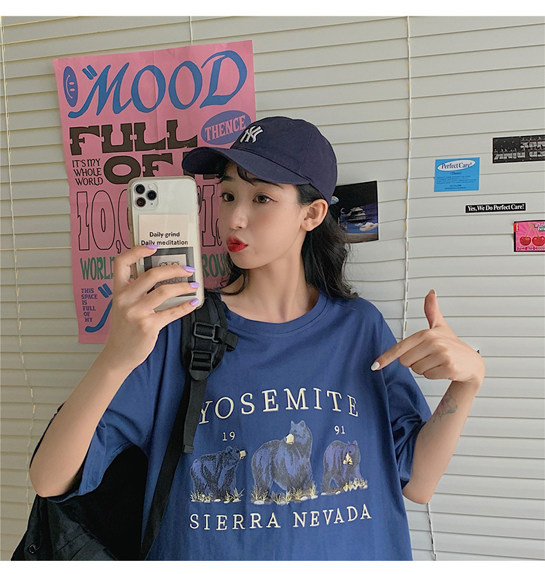 藍色印花小熊T恤女2024夏新款寬鬆韓版ins潮短袖學院風上衣