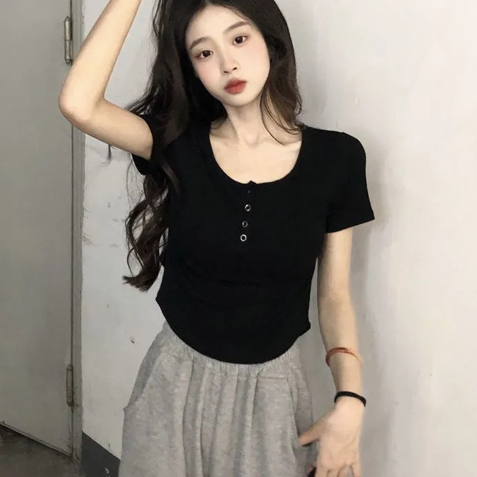 已出貨 純棉夏季新款修身顯瘦辣妹甜美短款上衣小清新超修身短袖