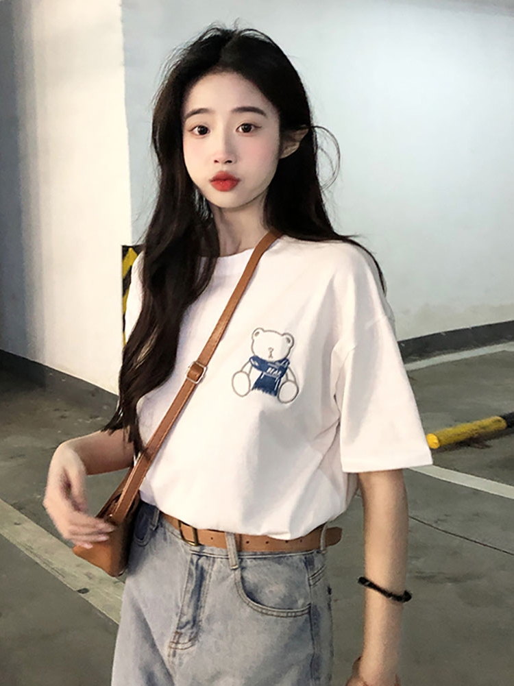 White bear short-sleeved T-shirt for women spring 2024 new loose Korean style design niche internet celebrity top ins trend