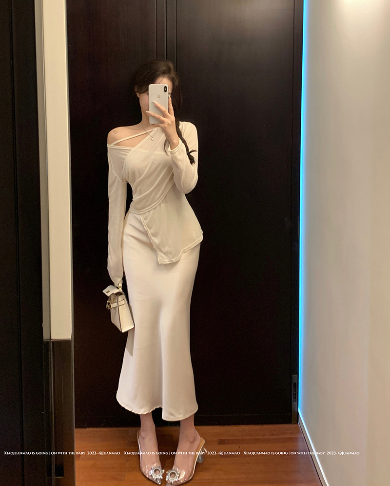 Actual shot of acetate satin high-end skirt, women’s sun protection clothing, irregular slits, T-shirt fashion set