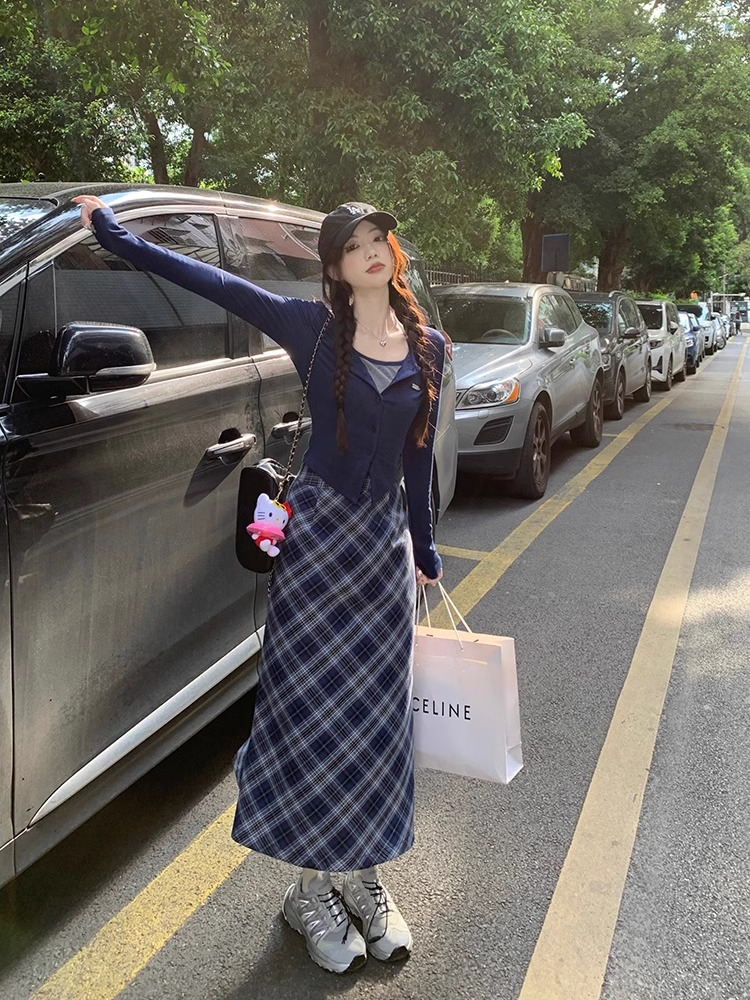 美式學院風套裝小眾假兩件針織上衣女裝秋裝格子半身裙長裙兩件套