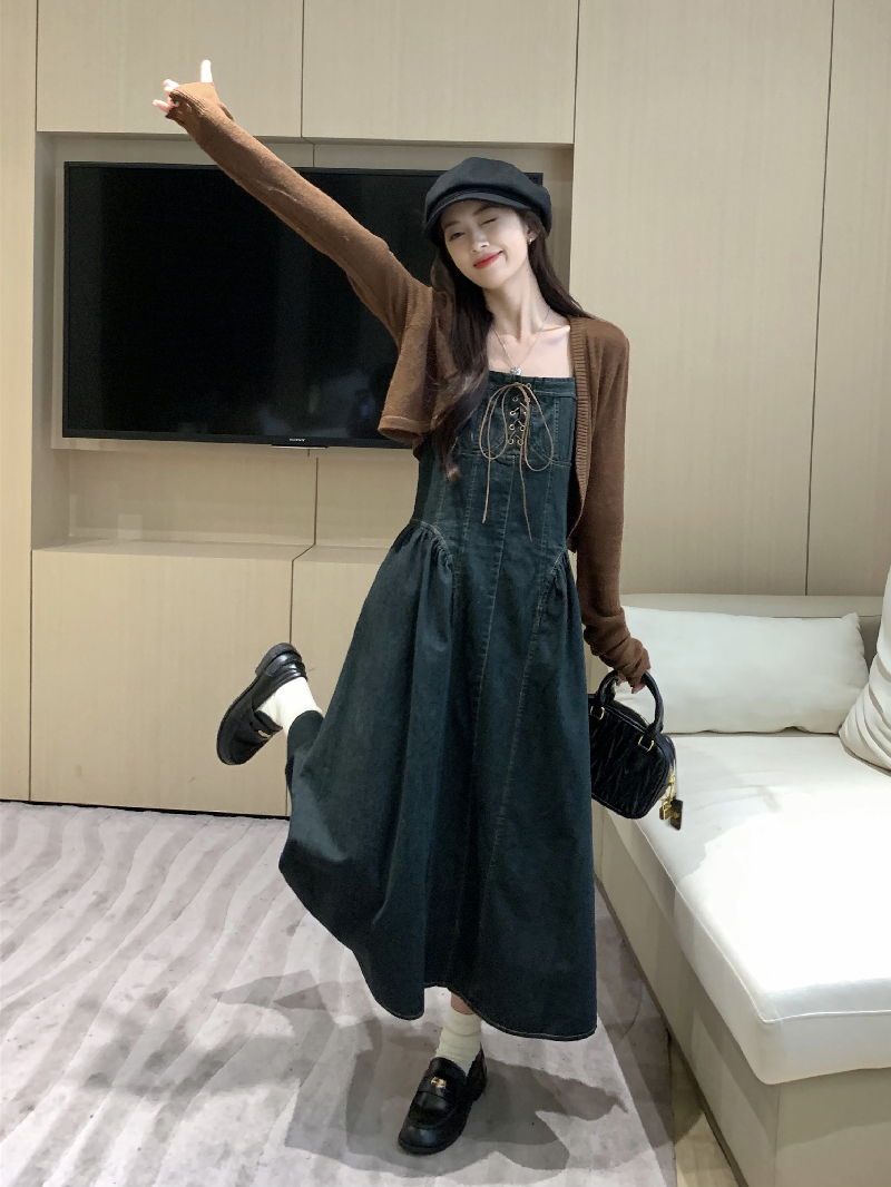 實拍 2024春新款女法式氣質針織開衫+蝴蝶結吊帶連衣裙套裝