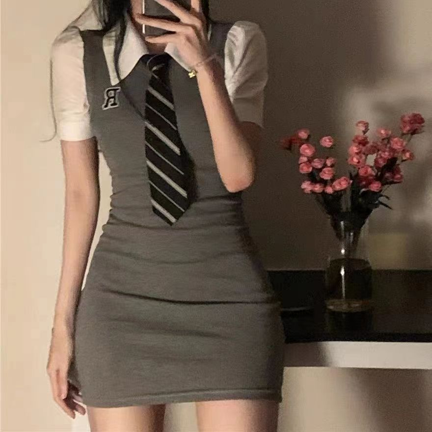 kumikumi辣妹polo領短袖假兩件連衣裙女夏季修身顯瘦包臀裙短裙子