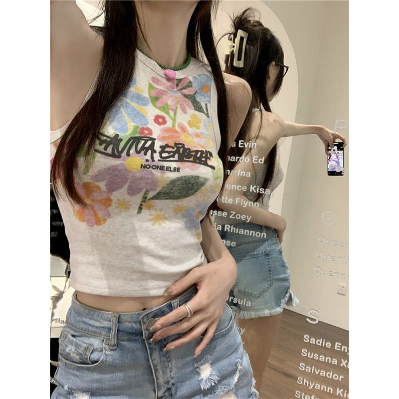 官圖 6535拉架棉 彩色花朵印花工字背心女夏季外穿辣妹