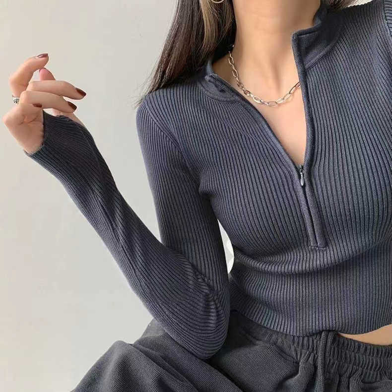 半高領拉鏈針織衫女秋冬新款韓版洋氣長袖打底修身短款上衣潮