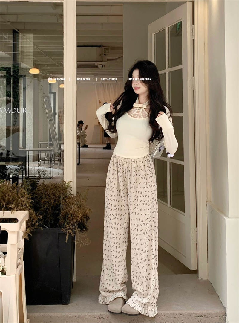 實拍 碎花闊腿褲女2024新款設計感花邊減齡燈芯絨休閒褲子