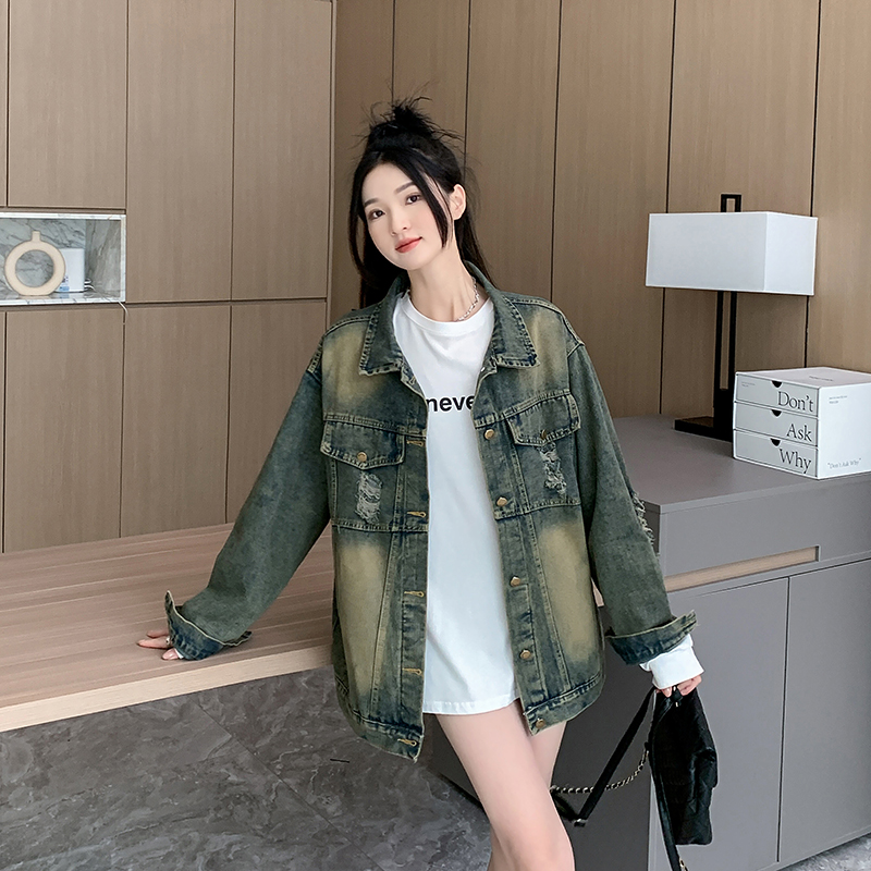 實拍~復古做舊破洞牛仔外套女春季新款寬鬆中長款長袖上衣潮