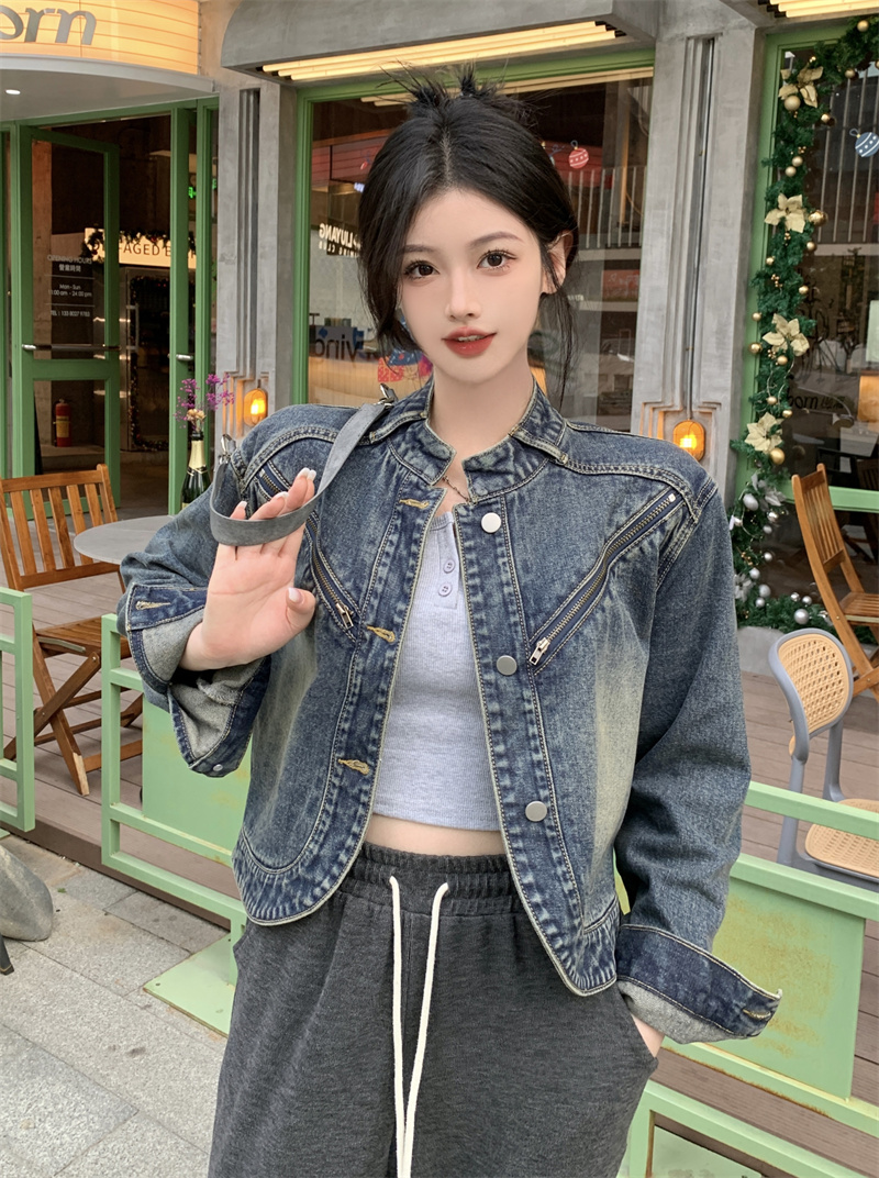 實拍~春季復古立領洋氣牛仔外套港味設計感寬鬆短款長袖上衣女