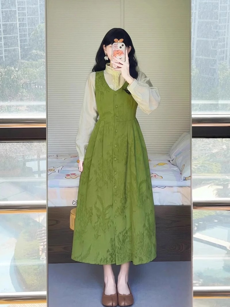 法式復古綠色碎花背帶裙無袖背心連衣裙兩件套女早春秋小個子長裙