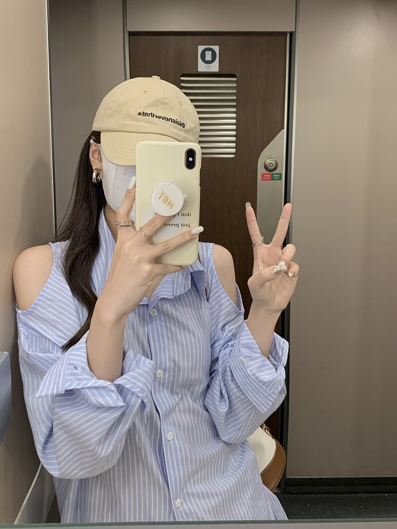 實拍 韓版春夏藍色條紋小眾露肩別致長袖襯衣