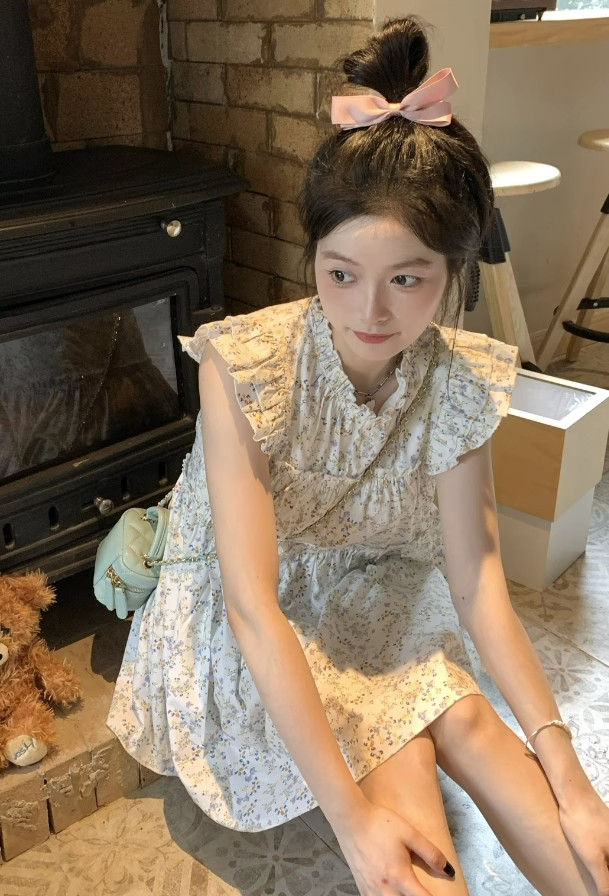 甜美減齡碎花短裙連衣裙女夏季木耳邊圓領娃娃領潮流小飛袖
