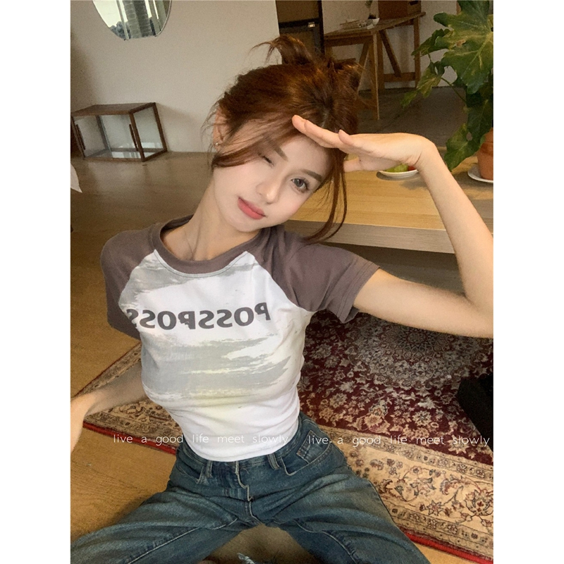 官圖 6535拉架棉 美式設計感抽繩插肩撞色短袖t恤女夏季辣妹