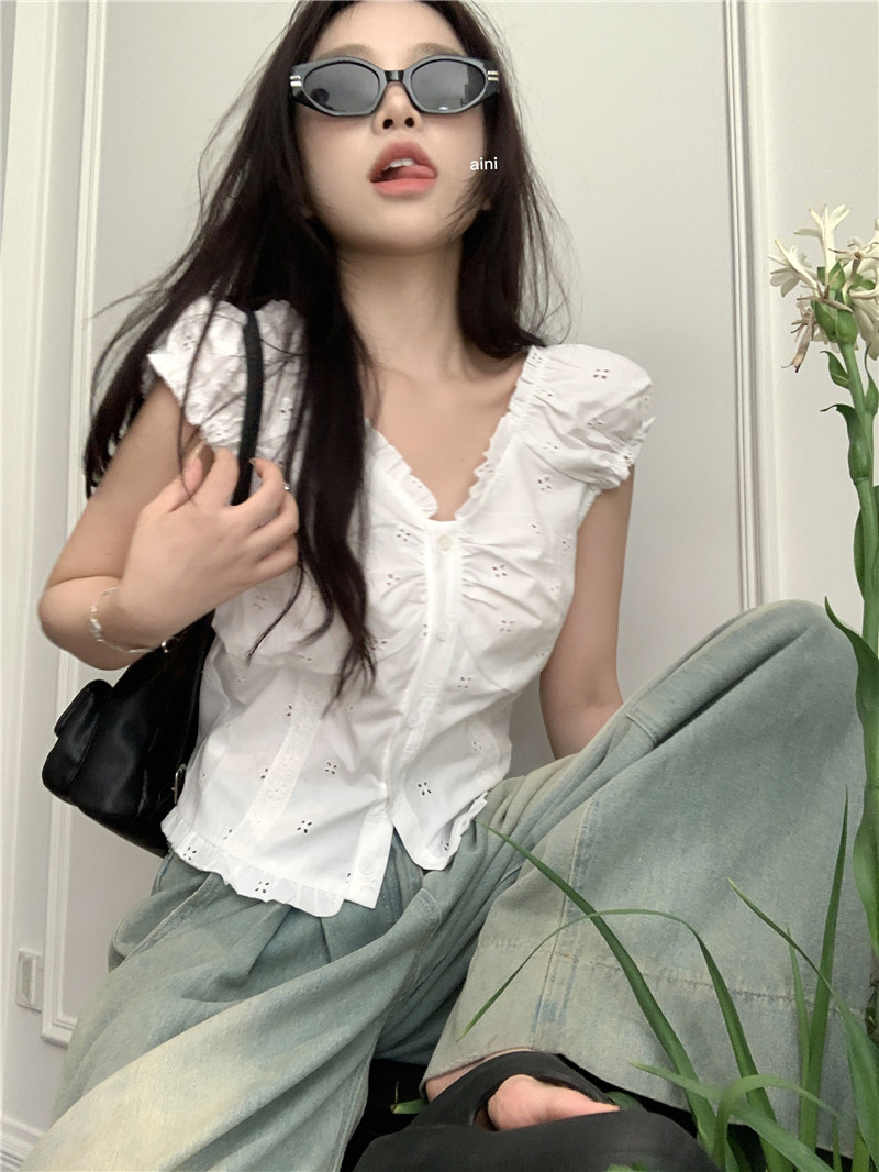 實拍韓系ins蕾絲鈎花小飛袖背心襯衫
