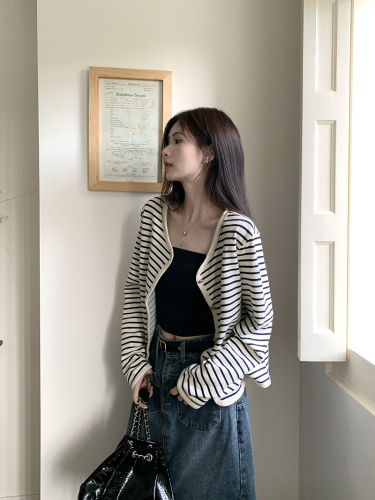 Real shot~Large size slim fashion spring and autumn coat for women chic casual retro commuter top short striped cardigan