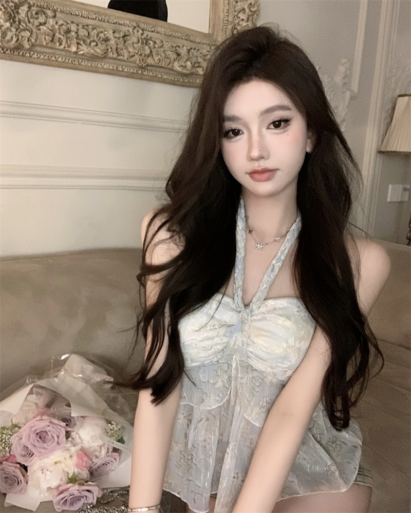 Actual shot of Pure Desire Floral Halter Vest Temperament Sexy Off-Shoulder Short Top
