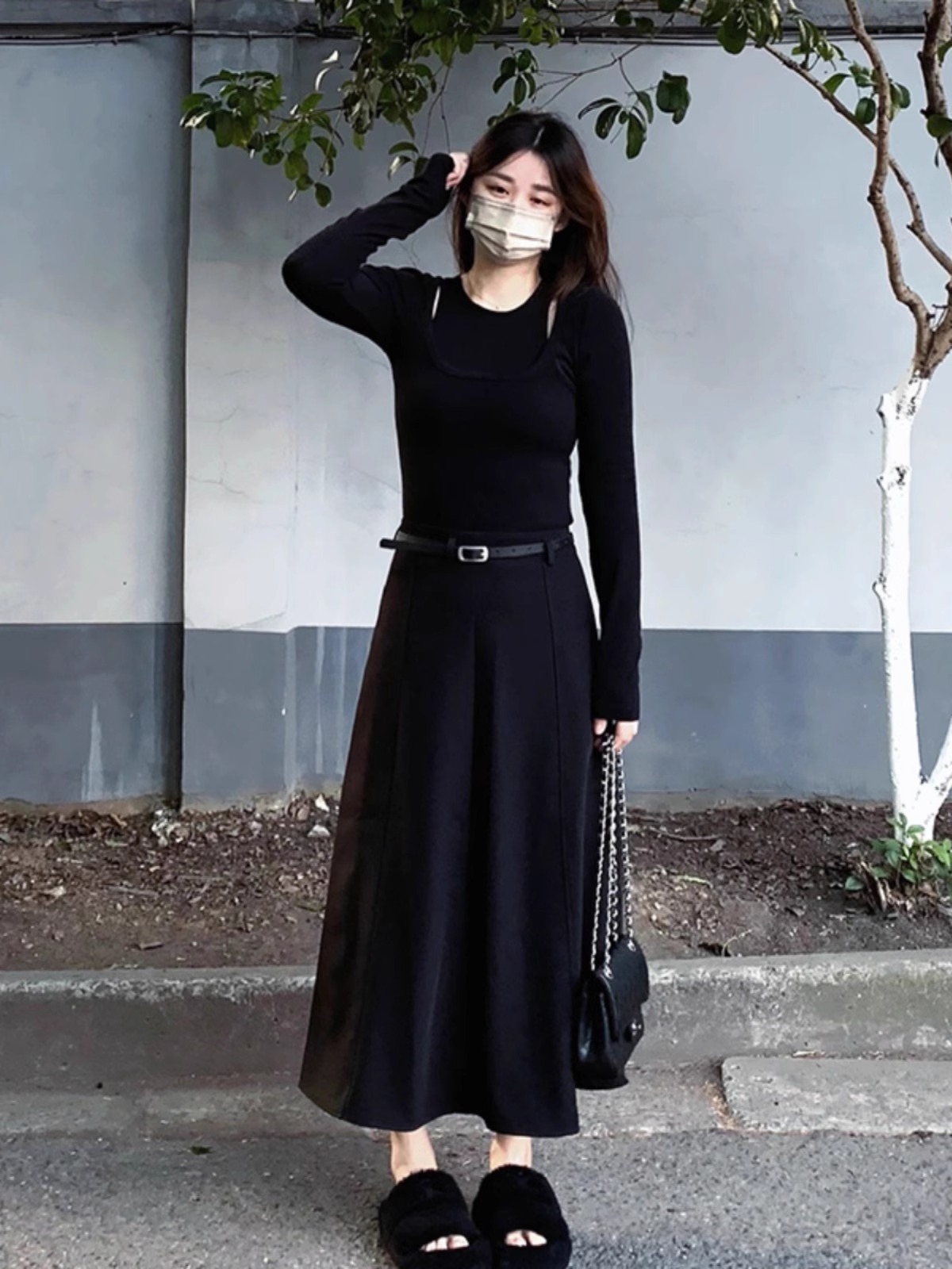 黑色假兩件長袖針織T恤春裝女2024年新款修身辣妹內搭打底衫上衣