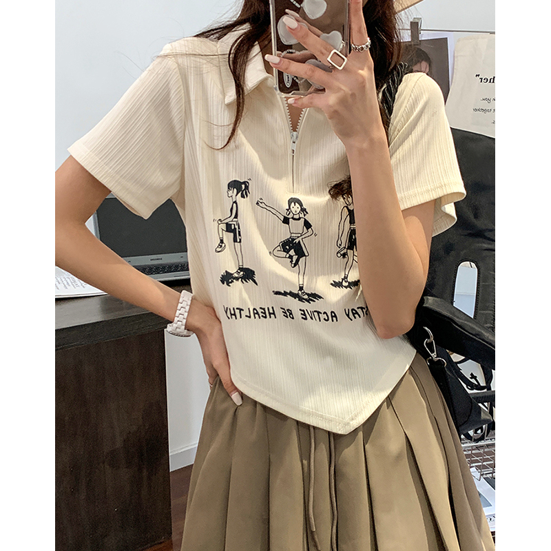 印花不規則設計感polo領紋理短袖T恤衫女修身夏季拉鏈上衣