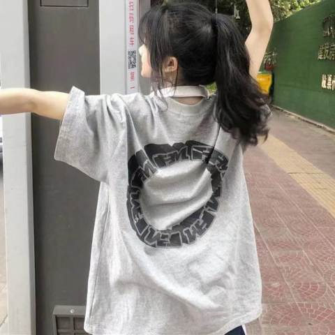 灰色短袖t恤女春夏新款寬鬆bf慵懶風網紅炸街復古別致上衣ins潮牌