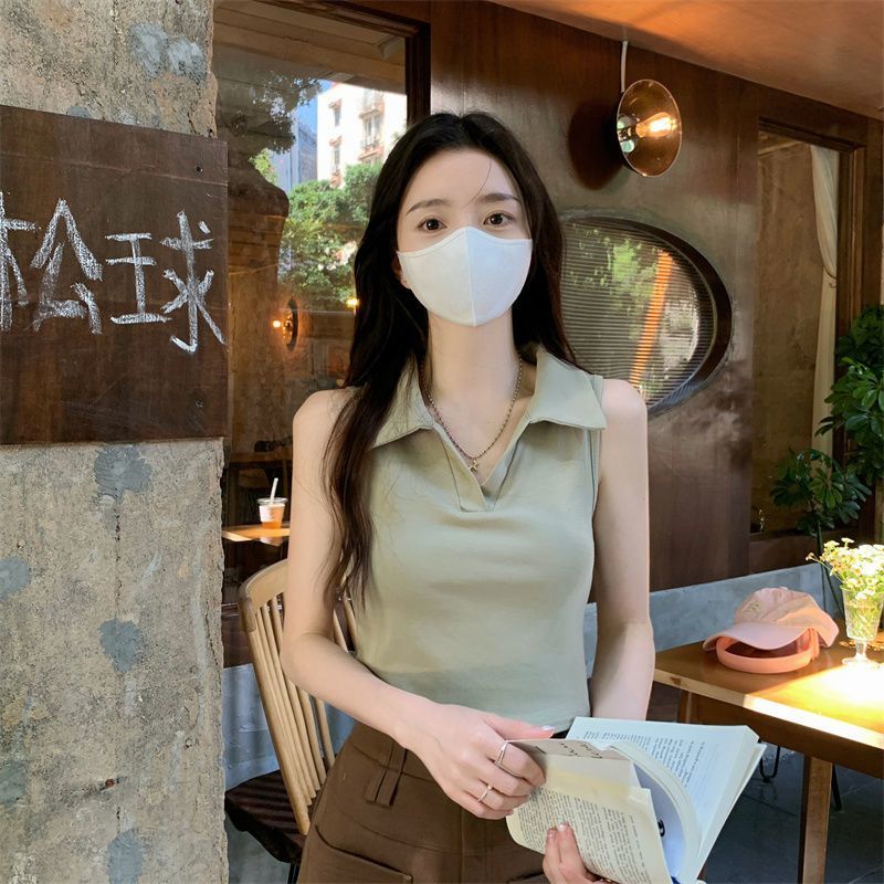 已出貨 韓系簡約學院風POLO領修身顯瘦百搭吊帶背心上衣