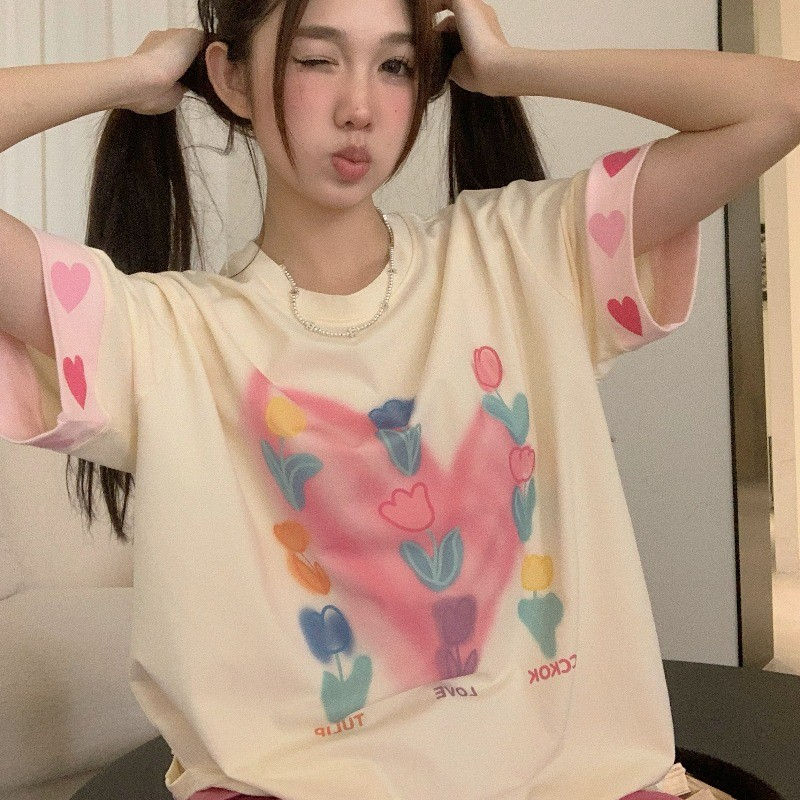 官圖 6535拉架棉 夏季韓版寬鬆圓領甜美愛心花朵印花休閒T恤