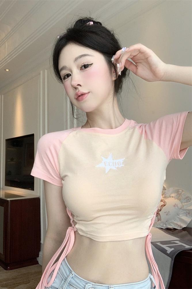 已出貨 抽繩綁帶正肩短袖t恤女設計感純欲甜辣妹性感短款露臍上衣
