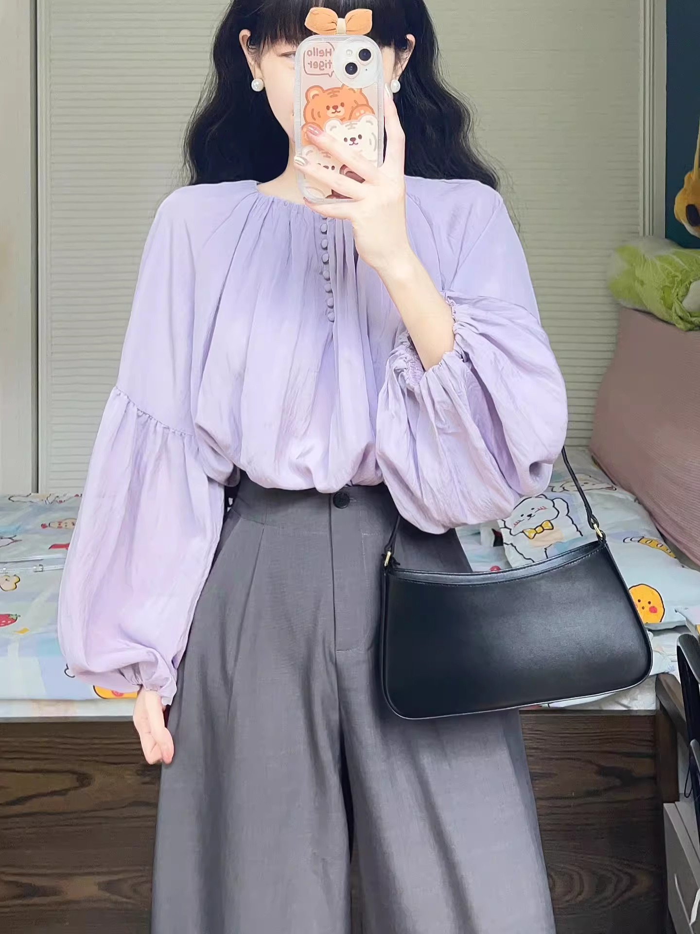 紫色圓領長袖襯衫女春秋季法式寬鬆高級設計感小眾短款泡泡袖上衣