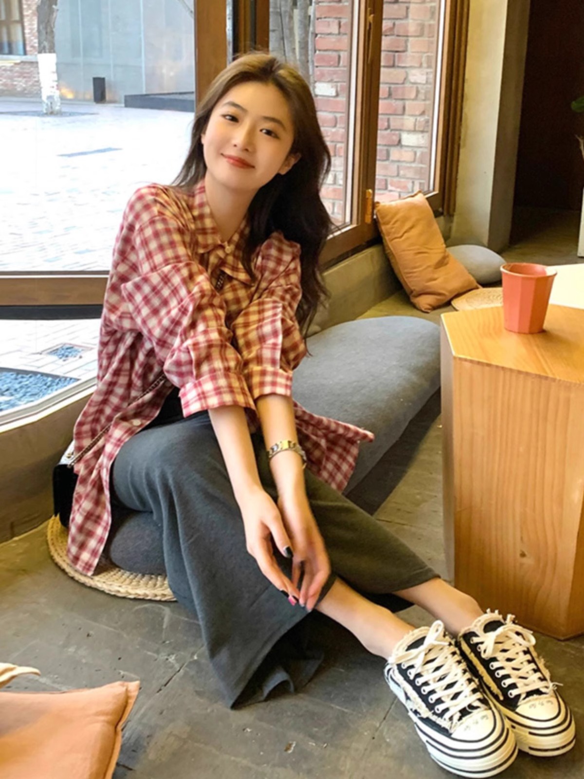 粉色格紋襯衫連衣裙2024春款女裝高級感小個子職業春季穿搭一整套
