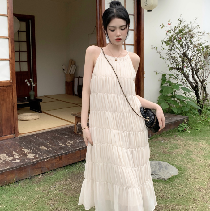 Real shot of sleeveless chic unique suspender long dress halterneck summer beach dress high-end M-4XL 200 pounds