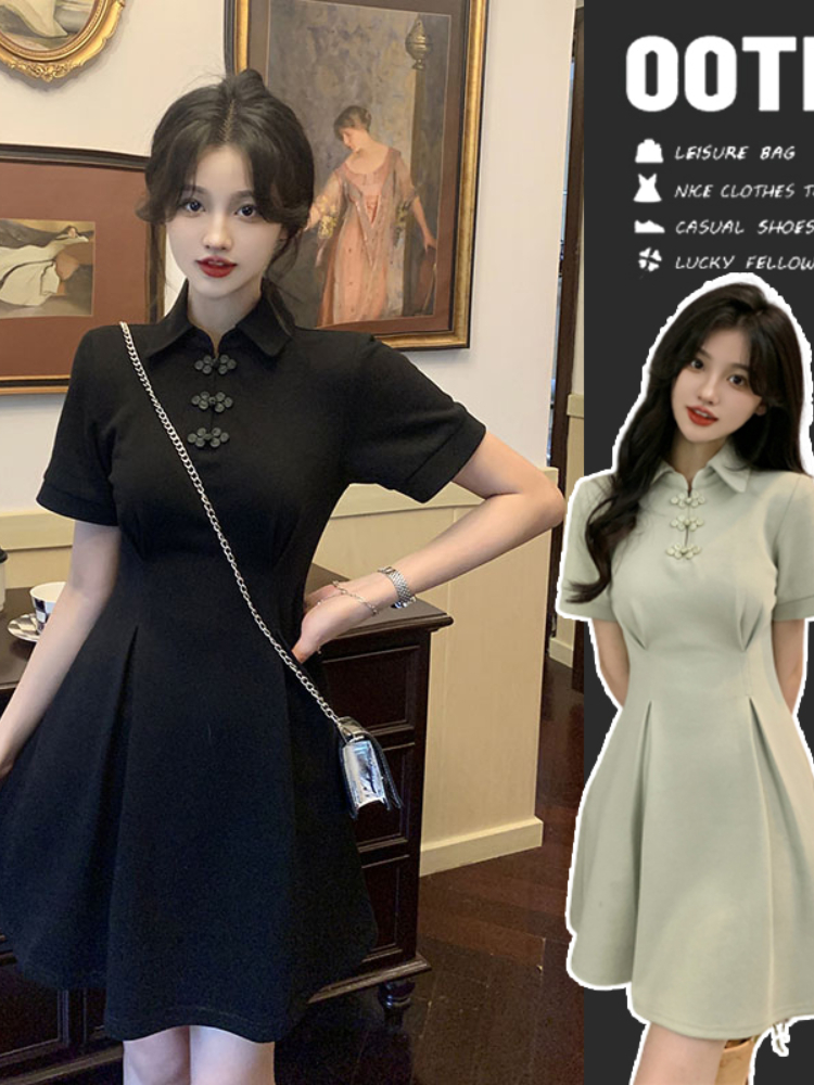 黑色連衣裙子2024新款女小個子改良旗袍氣質小黑裙國風夏季新中式