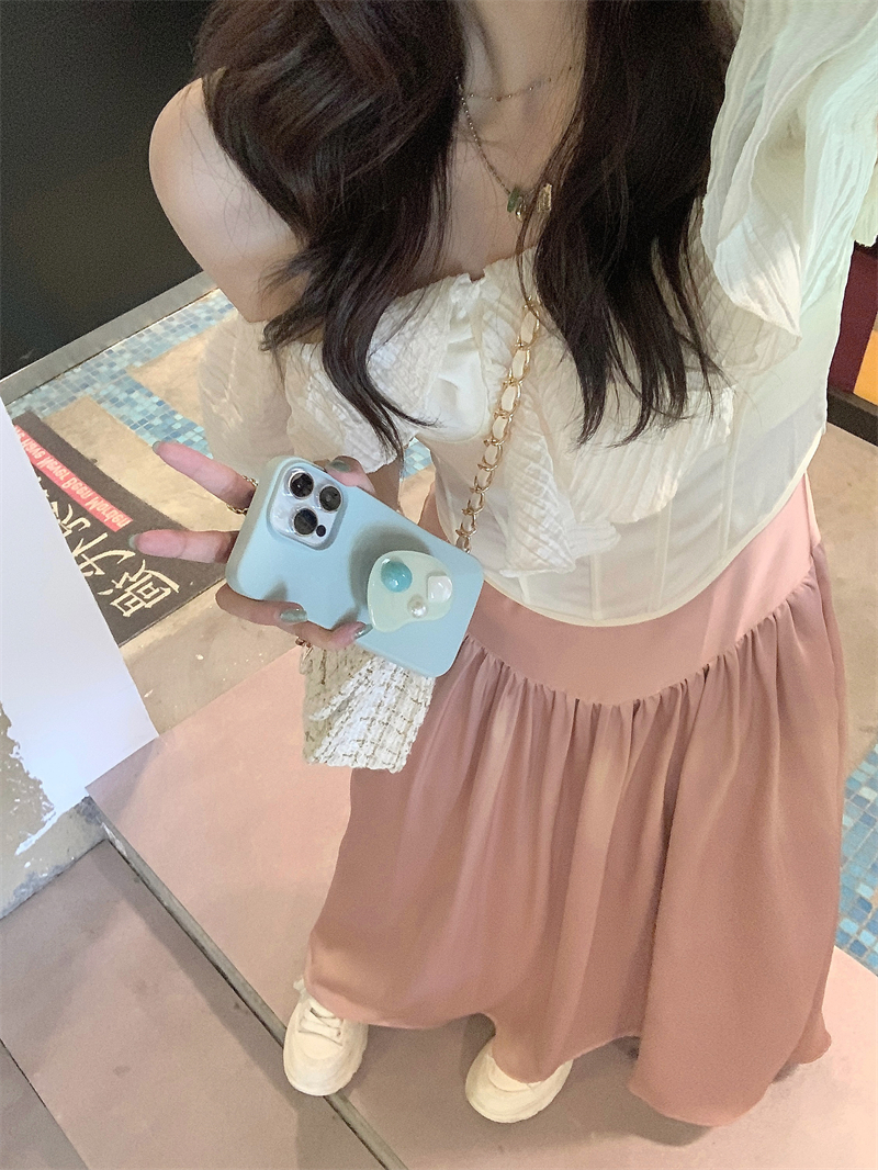 Actual shot #French retro ruffled one-shoulder slim short top for women + glossy high-waisted skirt
