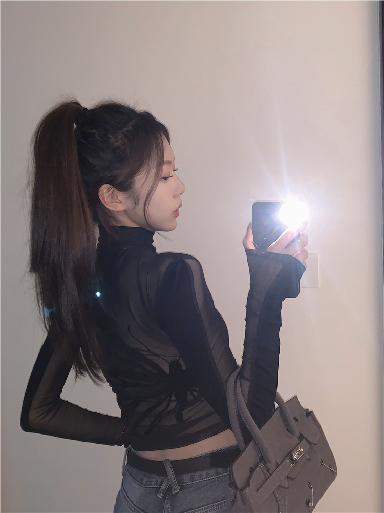 實拍~半高領網紗拼接打底衫女上衣+美式復古闊腿寬鬆牛仔褲