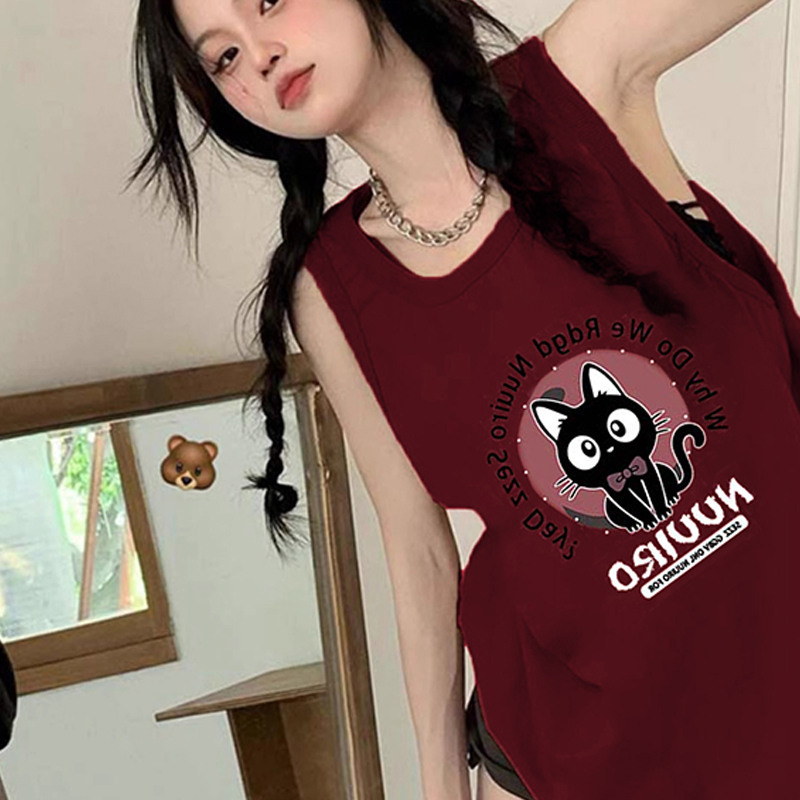 英文已改  210克後包條 春夏季寬鬆純棉印花無袖背心女