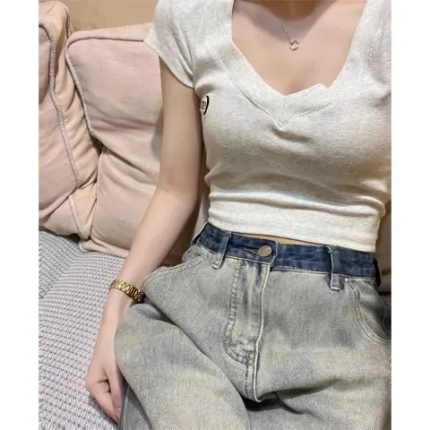 92棉/8氨綸正肩t恤女夏季2024新款內搭打底衫甜辣妹美式短款上衣