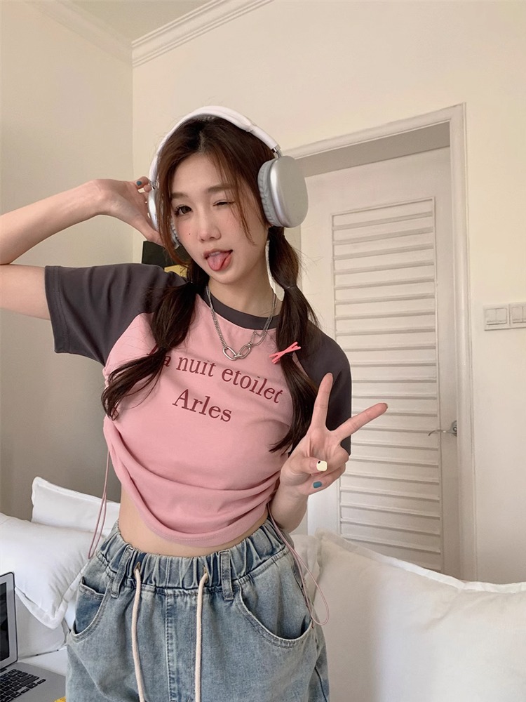 已出貨 美式復古撞色修身短袖T恤女辣妹設計感小眾內搭抽繩上衣