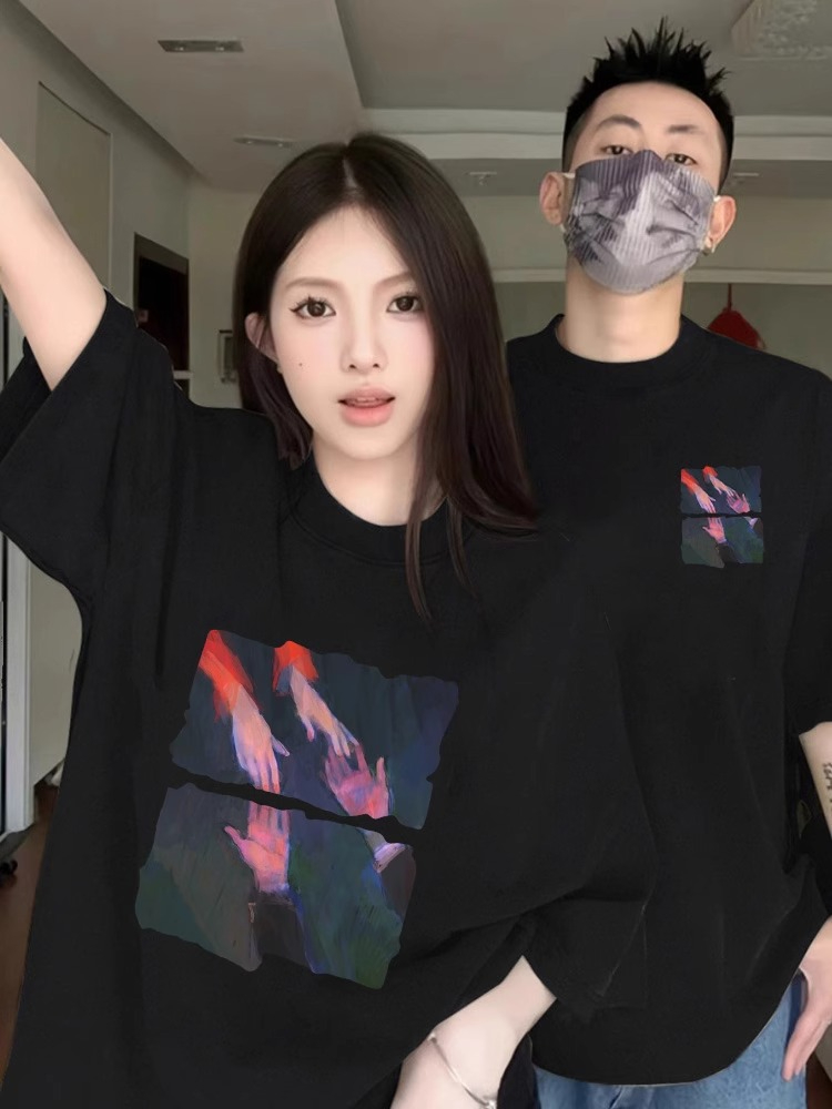 Different same-color couple outfits 2024 new internet celebrity niche high-end short-sleeved summer suit T-shirt for women