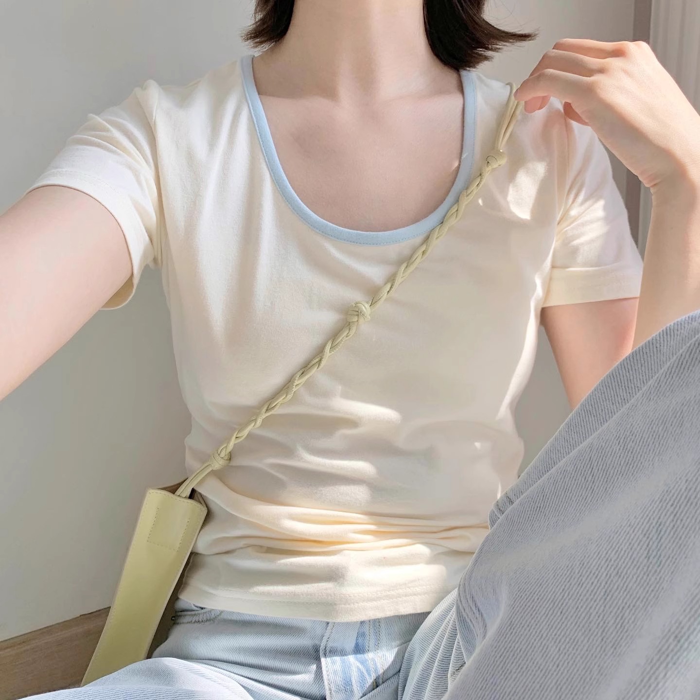 官圖 92棉/8氨綸40支210g純棉純棉短袖T恤女撞色上衣