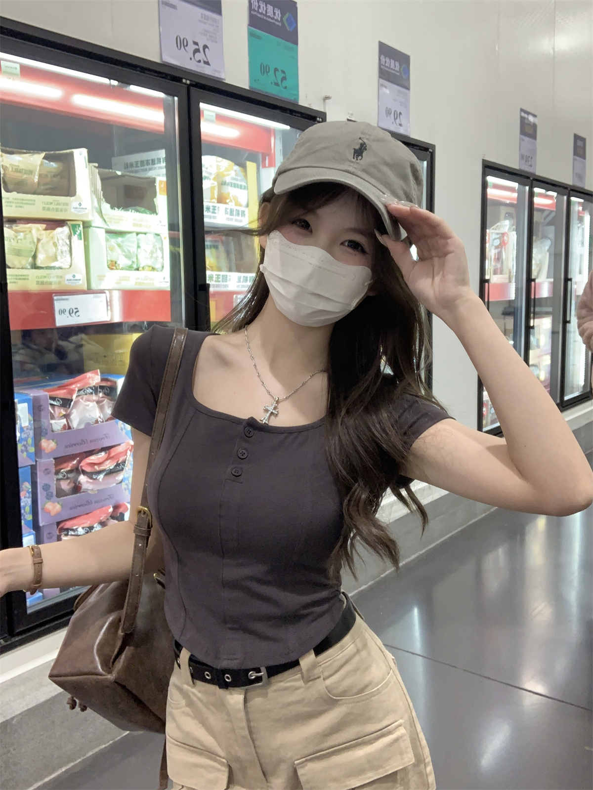 實拍 2024春夏韓版修身方領魚骨紐扣小個子純棉短袖T恤女上衣