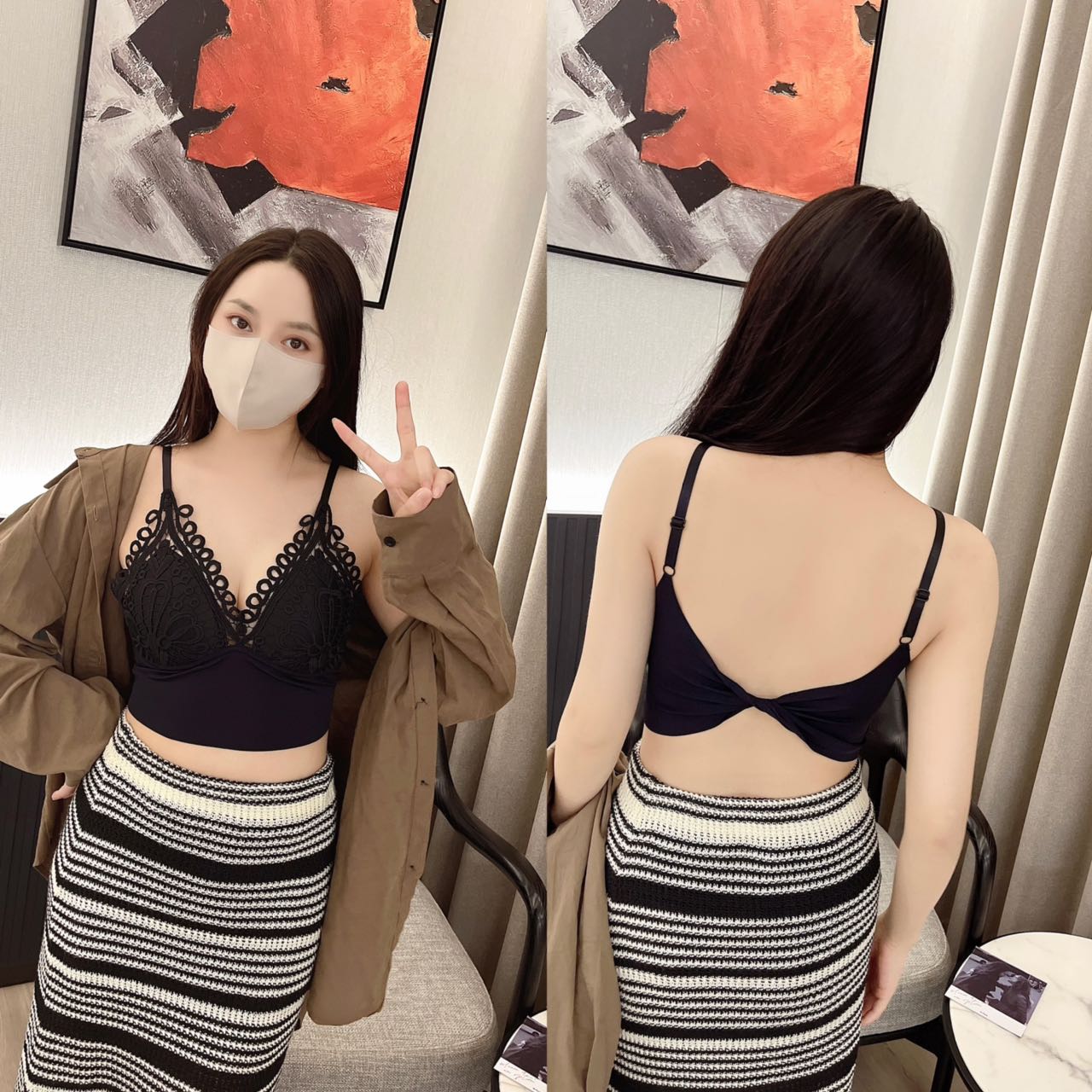 蕾絲美背吊帶上衣無鋼圈露背打結設計款顯瘦修身辣妹吊帶