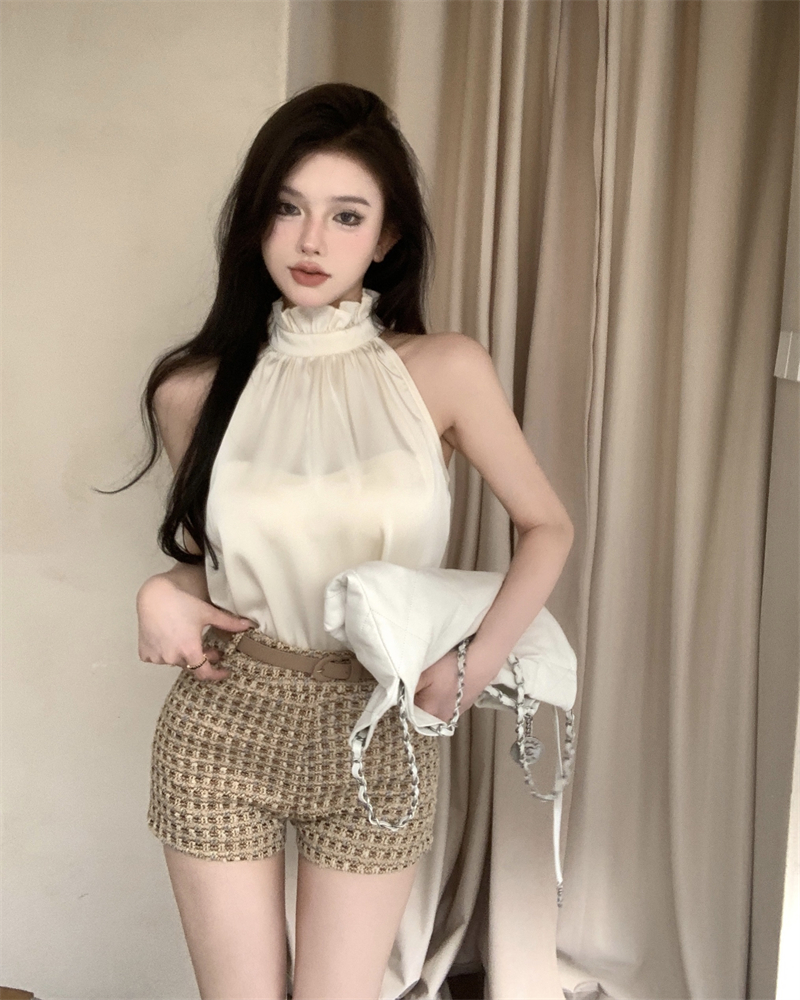 實拍 高級感氣質掛脖露肩上衣＋編織小香百搭高腰休閒短褲女