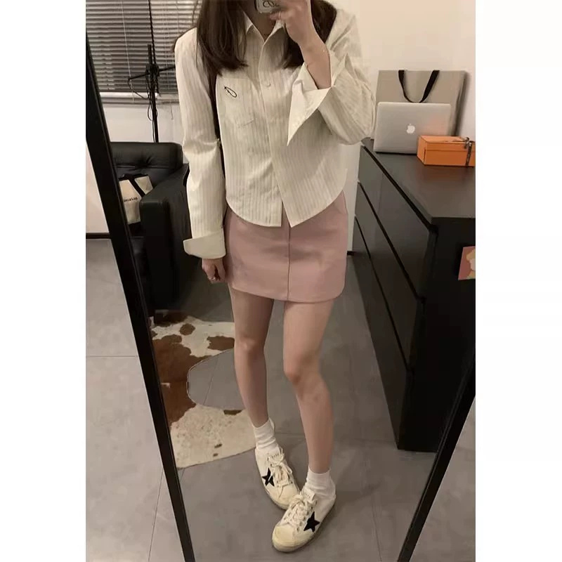 條紋襯衫女春秋港味寬鬆ins法式設計感小眾長袖短款襯衣上衣