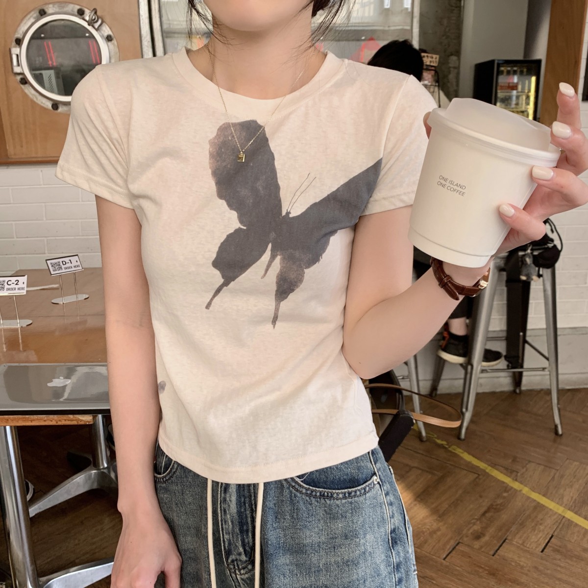 實拍 春夏韓版正肩蝴蝶印花設計感百搭純棉短袖T恤女上衣